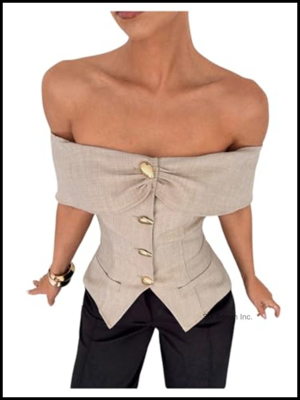 Women's Metallic Button Up Off Shoulder Peplum Blouse Short Sleeve Dressy Top